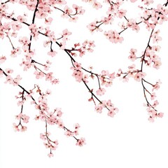 Delicate pink cherry blossom branches against a white background, creating an elegant and serene floral spring design illustration.