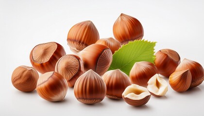 falling hazelnuts entire and portions on a white heritage remoted