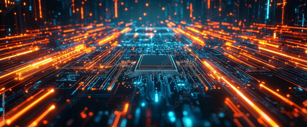 Poster a high-tech server circuit board, showcasing futuristic code processing, against a dynamic orange, g