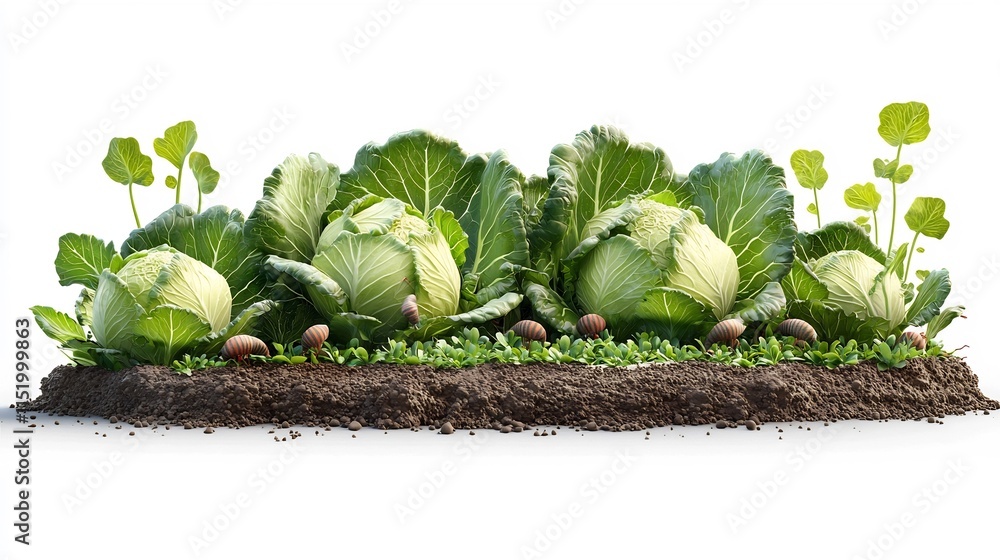 Poster cartoon animation of a cabbage patch with curious worms crawling on the green leaves isolated on a c