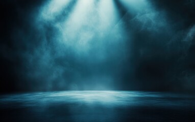 Obraz premium An abstract dark background featuring a soft spotlight, vivid blue light rays cutting through mist, and an empty reflective floor