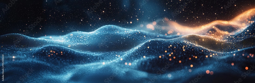 Poster a 3d rendered image of an abstract technology-themed background with a dynamic wave of dots, symboli