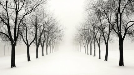 A serene winter landscape with bare trees lining a snowy path in fog.