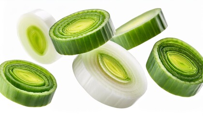 falling leek slices chopped green onion isolated on white historical past