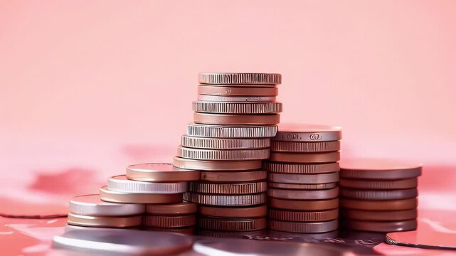 A stack of coins arranged in a pyramid shape on a soft background.