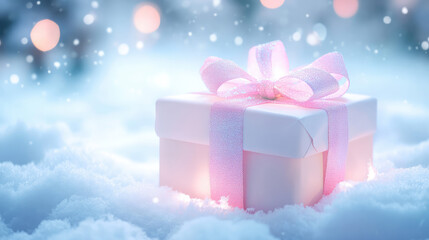 Fototapeta premium A white box with a pink ribbon on top of a snowy field