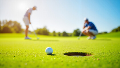 Golfers on green with focus on ball near hole, precise and elegant.