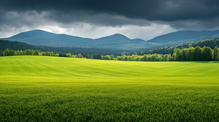 Fototapeta premium Lush green fields under a dramatic sky with mountains in the background.
