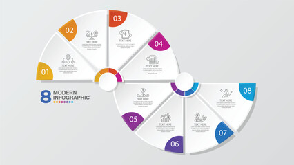 Modern circle infographic with 8 steps, process or options.