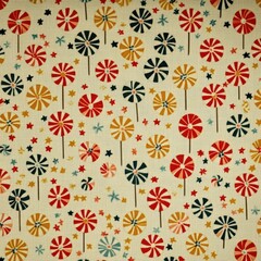Obraz premium A cheerful candy-themed pattern showcasing smiling lollipops, peppermint swirls, and chocolate bars, surrounded by tiny stars, confetti, and sparkles in vibrant colors on a crisp white background. 
