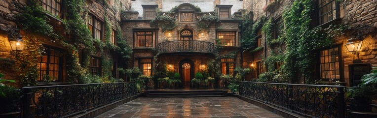 A tranquil courtyard features ivy-covered stone walls and elegant iron-lace railings illuminated by soft lantern light
