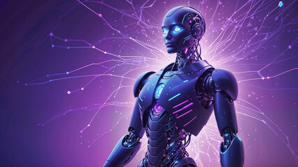 Naklejka premium Futuristic humanoid robot powered by artificial intelligence, featuring intricate neural network connections, symbolizing advanced technology and innovation in AI