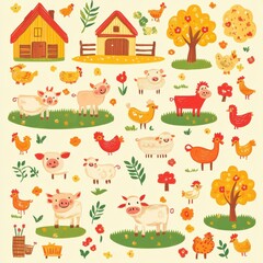 A cheerful farm-themed pattern showcasing happy cows, pigs, and chickens, surrounded by barns, haystacks, and green pastures in vibrant shades of yellow, red, and green. 