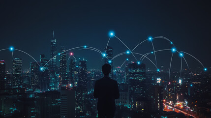 Obraz premium Smart digital city with connection cyber security network reciprocity over the cityscape . future smart wireless digital city and social media networking systems that connects people within the city