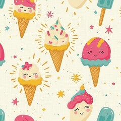 A cheerful ice cream truck-themed pattern showcasing smiling ice cream cones, popsicles, and sundaes, surrounded by tiny stars, sprinkles, and sunshine rays in vibrant pastel tones. 