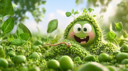 Cheerful 3D Cartoon Animation of Pea Pods Giggling Playfully as a Tiny Worm Crawls Over One Pod Isolated on a Bright White Background