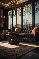 Living Room with Leather Sofa, Ornate Windows, and Coffee Table