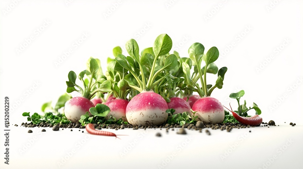 Poster whimsical 3d cartoon animation of turnip sprouts startled by a worm wriggling nearby isolated on a c
