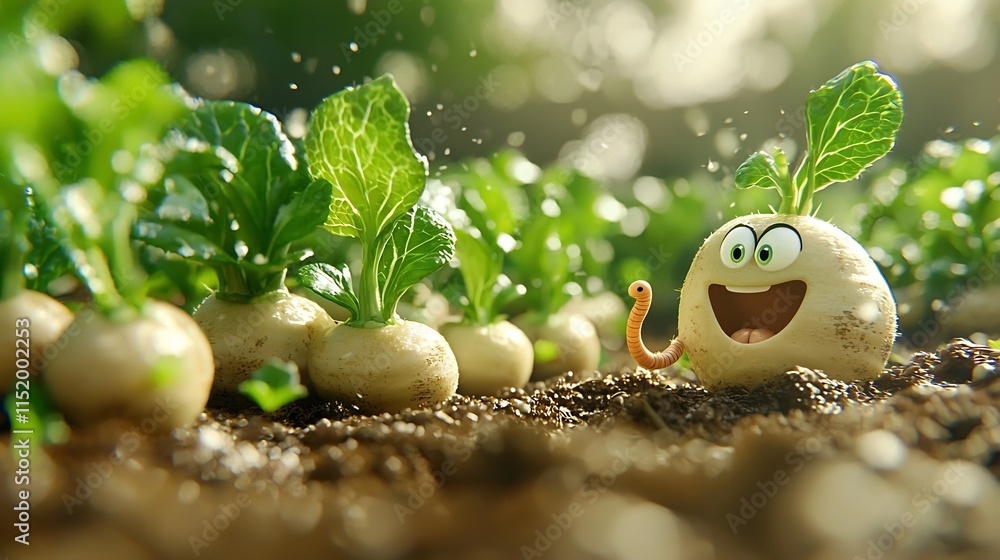 Poster cartoon 3d animation of fresh turnip vegetables sprouting and startled by the movement of a wrigglin
