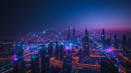 Smart digital city with connection cyber security network reciprocity over the cityscape . future smart wireless digital city and social media networking systems that connects people within the city