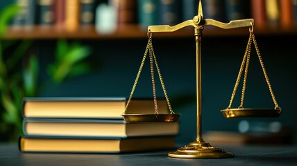 Legal scales and books, arranged on a desk with a modern, clean aesthetic.
