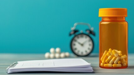 A patient diary open to a page describing side effects from a medication, with the pill bottle and clock in the background.