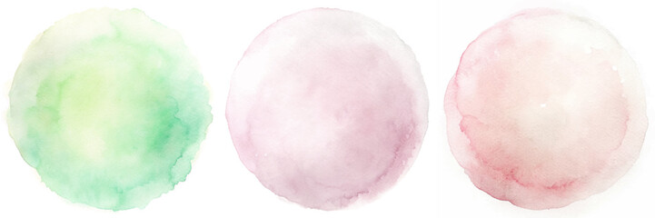 Three gentle watercolor circles in green and pink tones, perfect for soft and inviting designs.