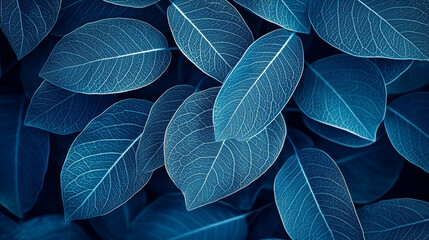 Obraz premium Leaves create a mesmerizing pattern with rich blue tones and intricate details in nature’s design