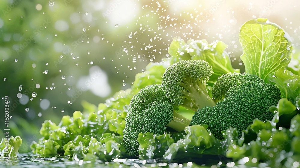 Poster a 3d cartoon animation of broccoli enjoying the freshness with tiny water droplets sparkling on its 