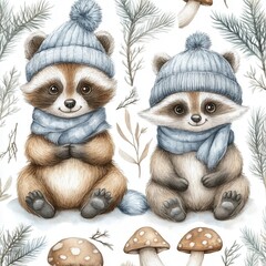 Fototapeta premium A delightful forest animal-themed pattern showcasing happy bears, raccoons, and foxes, all wearing tiny hats and scarves, surrounded by pine trees, toadstools, and leafy vines in soft, muted 
