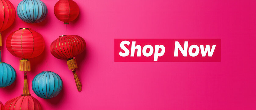 Chinese New Year Sale. Colorful paper lanterns with a bold "Shop Now" call to action.