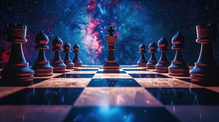 A futuristic chessboard in a cosmic setting, merging strategy and the universe's beauty.