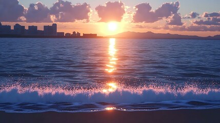 Fototapeta premium Sunset over the Ocean with City Skyline