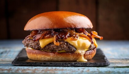 gourmet burger with melted artisanal cheese and caramelized onions