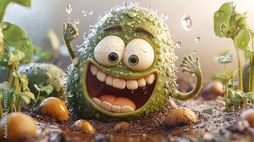 Poster cheerful 3d cartoon animation of a smiling cucumber glistening with water droplets after being water
