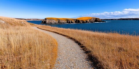 Serene Coastal Landscape with Gravel Pathway and Vibrant Autumn Sea Grass by Blue Ocean
