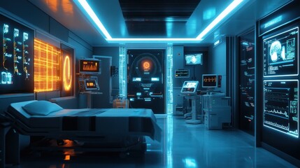 Futuristic Hospital Room: Advanced Medical Technology and Patient Care in a Sci-Fi Setting