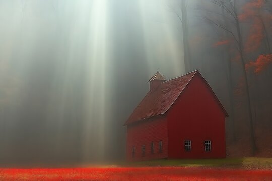 Red Barn Foggy Forest Sunlight Mystical Autumn Scene
