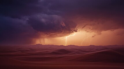A dramatic desert landscape illuminated by lightning under dark, stormy clouds.