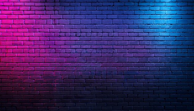 Fototapeta black brick wall background with neon lighting effect pink purple and blue glowing lights on empty brick wall background