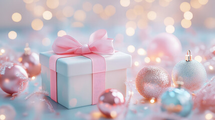 Fototapeta premium A sleek white box with a soft pink ribbon sits gracefully on a festive table adorned with shimmering Christmas ornaments.