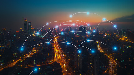 Fototapeta premium Smart digital city with connection cyber security network reciprocity over the cityscape . future smart wireless digital city and social media networking systems that connects people within the city