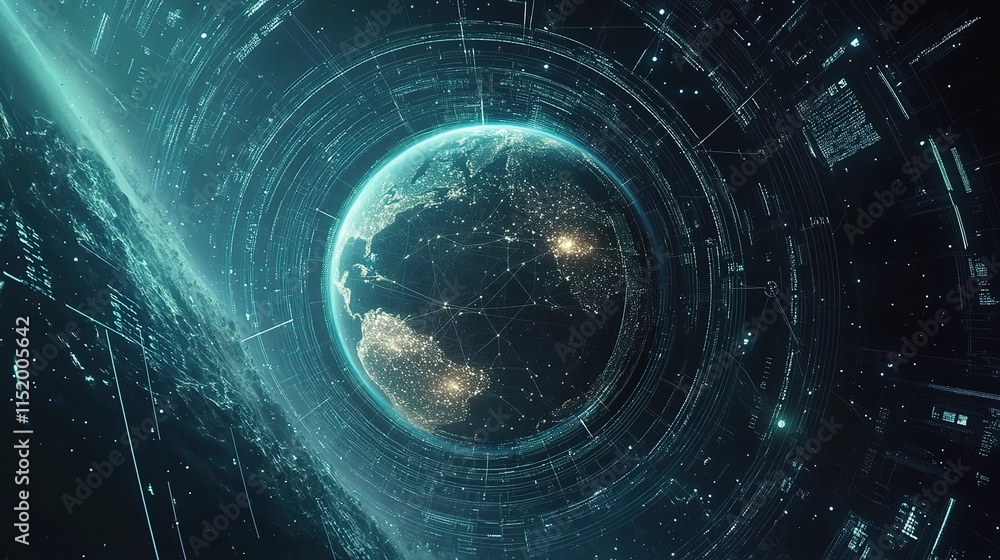 Aufkleber earth surrounded by connection lines and circles in abstract design