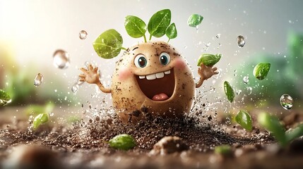 Cheerful 3D cartoon animation of a sprouting potato with a happy expression surrounded by wet soil and water droplets on its fresh green leaves isolated on a clean white background