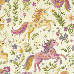 A delightful unicorn-themed pattern featuring majestic unicorns with flowing rainbow manes, surrounded by stars, sparkles, and rainbows in pastel shades of pink, mint, and lavender on a pale 