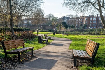 City public park with wooden benches, litter bins and paved pathways, no people, Generative AI