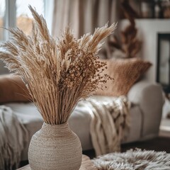 A beautiful dry grass bouquet elegantly arranged in a vase, set against the backdrop of a cozy boho living room with a soft, blurry background, providing ample copy space.