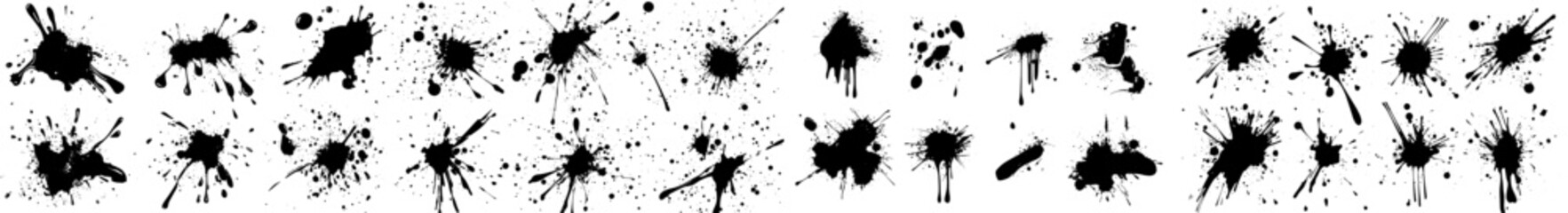 Ink drops and splatters. Blotter marks, liquid paint drips, drops, splashes, and ink spatters. Artistic, dirty, grunge abstract spot modern collection. Monochrome illustration with drips, splashes,