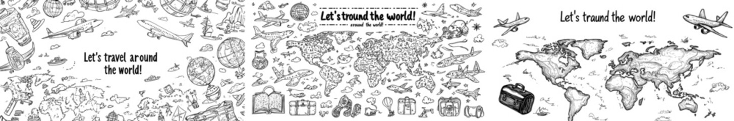 Collection of world tour outline doodles. Modern line drawing sketches.