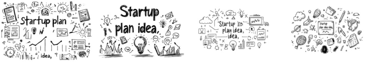 A modern startup doodle set featuring sketch outlines of business strategy icons and drawing elements in silhouette.